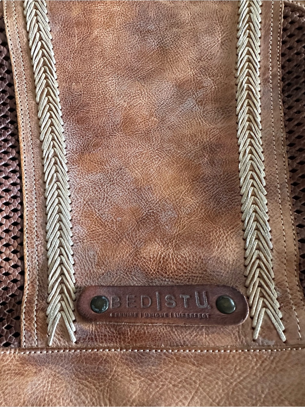 Bed Stu Brown Tan Woven Leather Tote - Picture 6 of 12